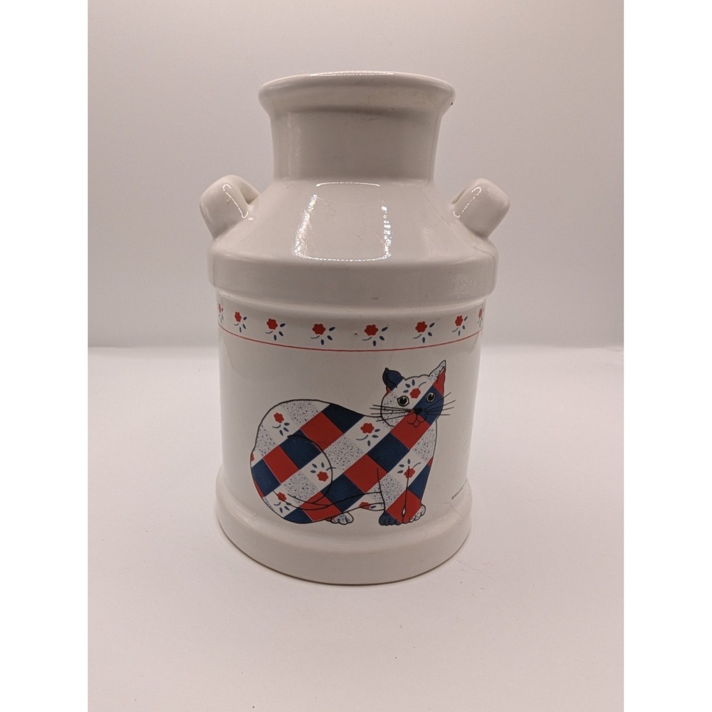 M Kamenstein Ceramic Milk Can‎ Calico Cat Crock Patchwork Vase VTG 83